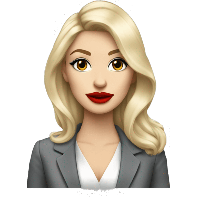 Russian Blonde long hair with big red lips small nose and black eyes Tiffany diamond seller in a grey suit emoji