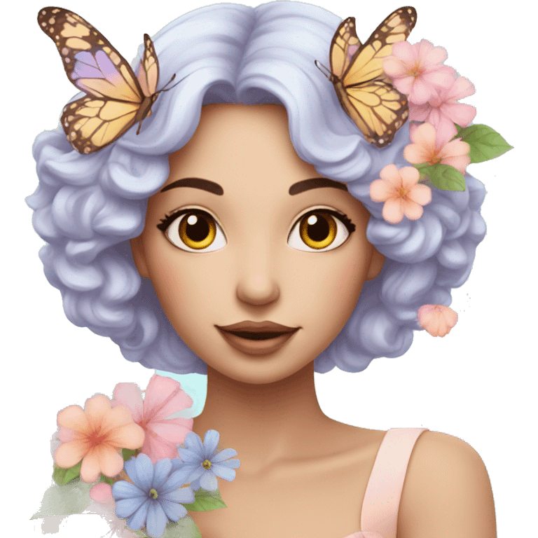 Gorgeous pastel lady with flowers and butterflies emoji