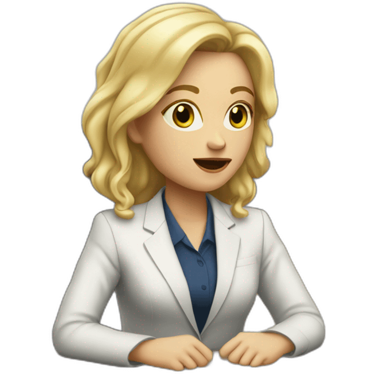 Blonde white woman wearing a suit sitting on the table telling the news towards the camera emoji