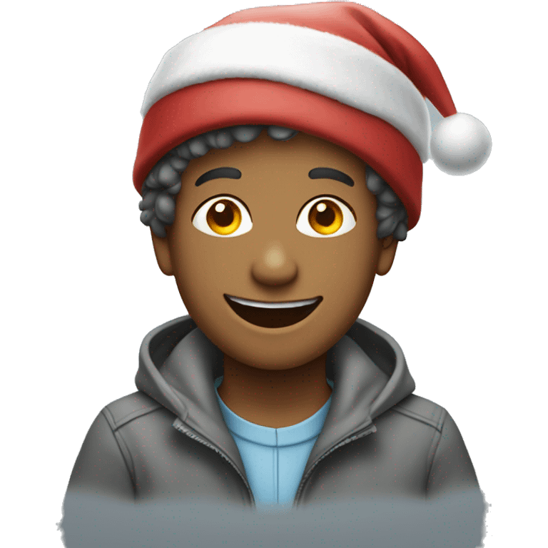 smiling boy in grey jacket Christmas hat emoji