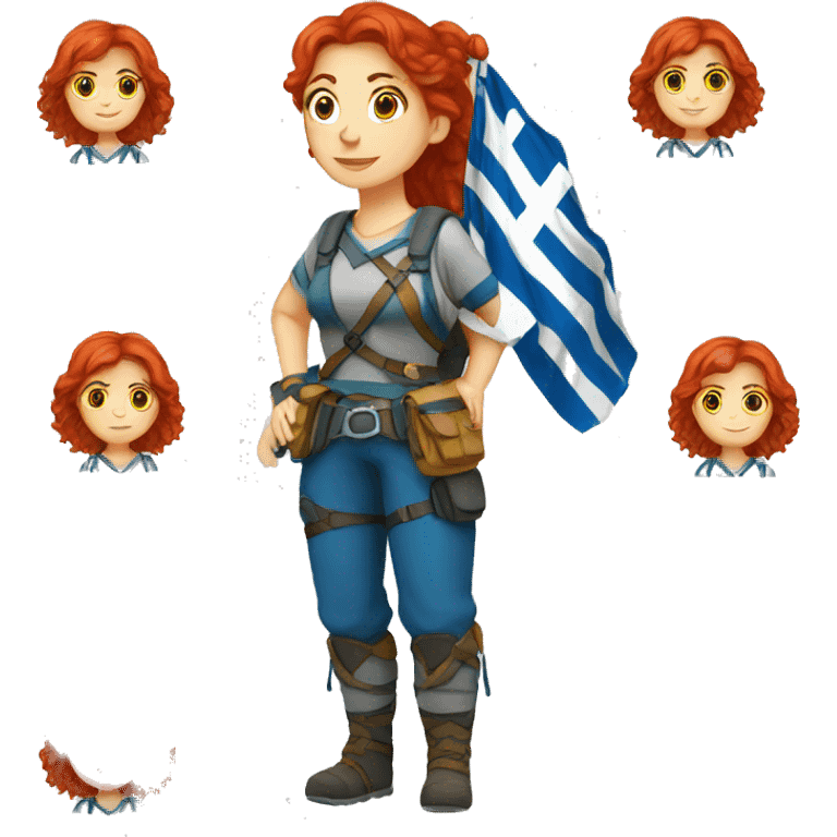 a red hair female mountaineer with greek flag emoji