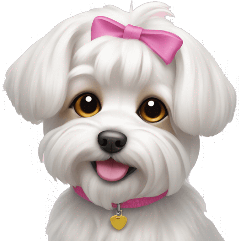 small dog maltese lapdog with long ears and tail with pink elastic band  emoji