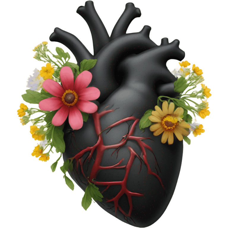 black anatomical heart with wildflowers emoji