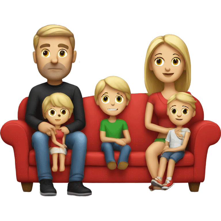 white family sit on a red sofa emoji