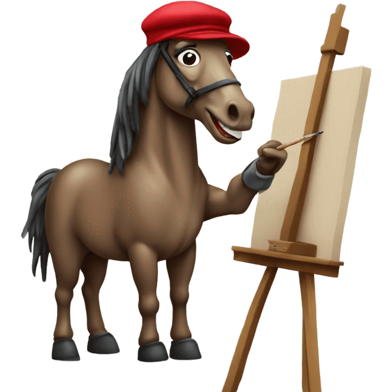 horse artist wearing a beret and standing in front of an easel with a paintbrush in his mouth emoji