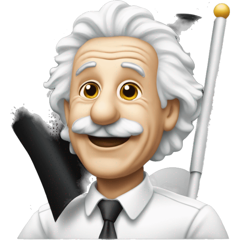 happy albert einstein holding black and white finish flag in one hand emoji