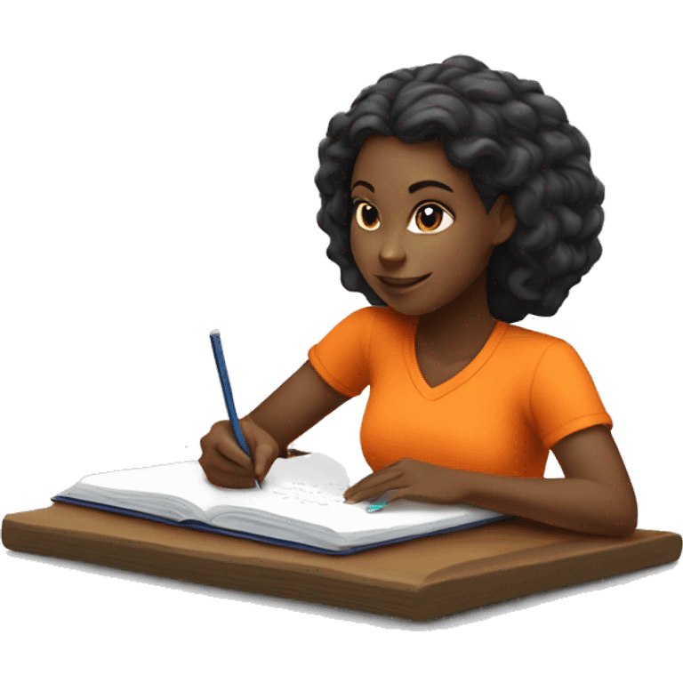 black girl in an orange shirt writing with a pencil in a journal and is turned to the left emoji