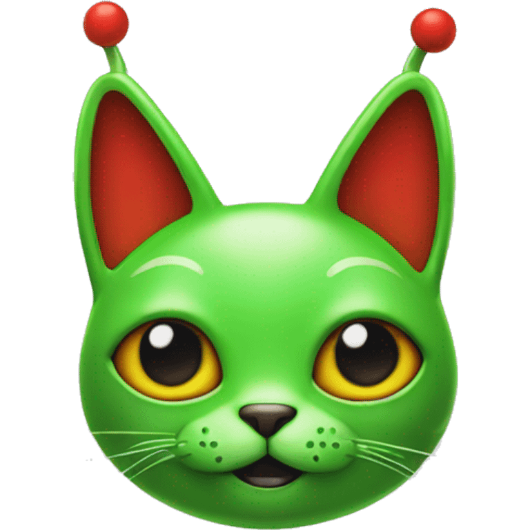 GREEN ALIEN CAT with four eyes and a red space suit and antennas emoji