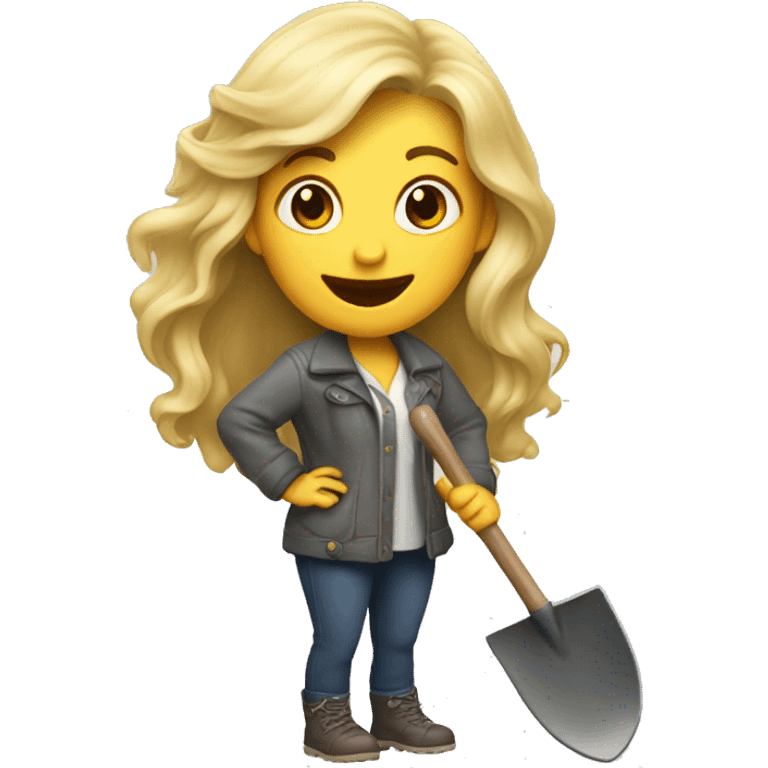 White woman with long hair and nice clothes holding a shovel and sneaky laughing emoji