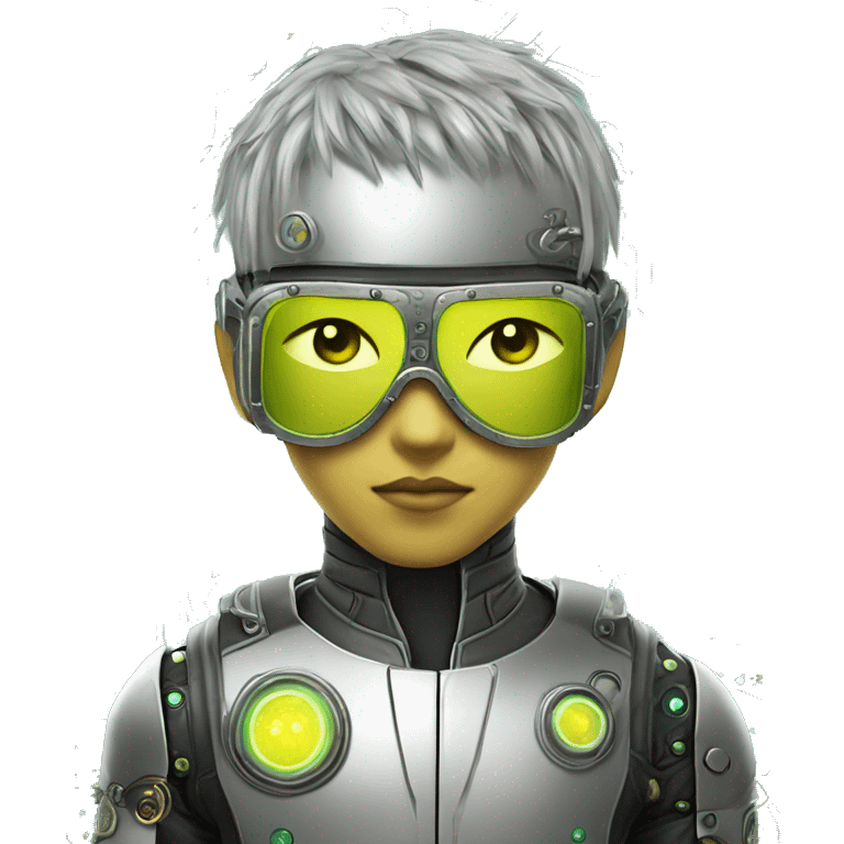 Neon yellow short hair Asian male cyborg head with silver steampunk goggles and circuits emoji