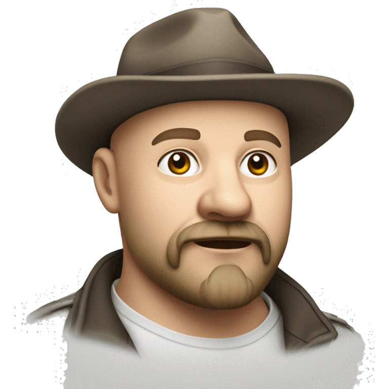 Photorealism A plump bald man of Slavic appearance with a goatee beard and mustache, wearing a fedora hat, big details emoji