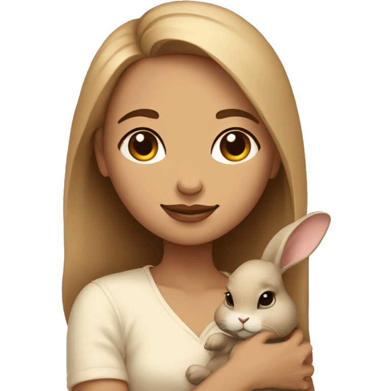 Good looking lady with closed eyes is holding a small brown/beige bunny, calm  emoji