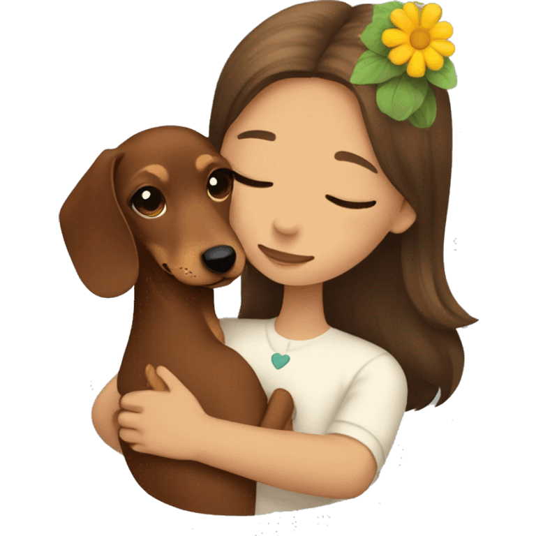 Dachshund hugging a girl with brown hair and a flower in her hair emoji