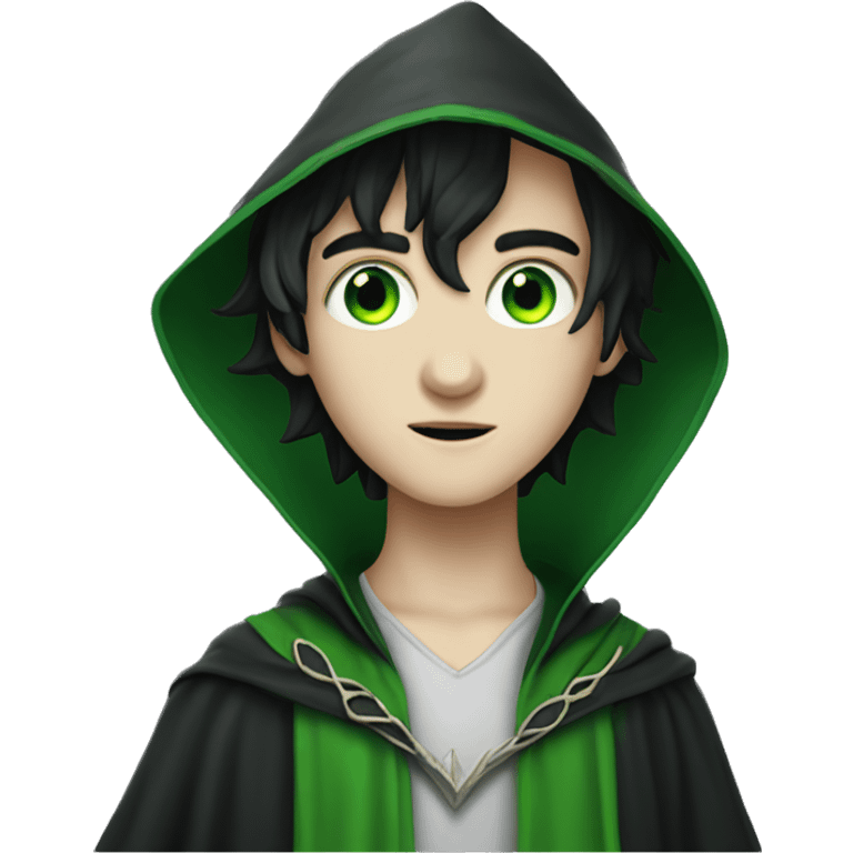 teenage white-skinned wizard with black hair green eyes in green disgue emoji