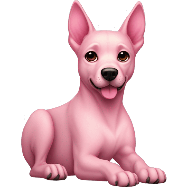 A sleek pink dog with pointed ears, a narrow snout, dark round eyes, and darker pink accents on its paws, ears, and tail. Its lean body has smooth, velvety fur and pale pink paw pads. emoji