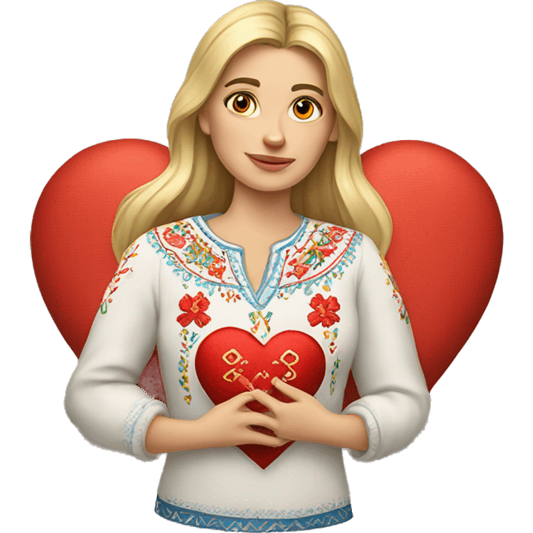 A Ukrainian woman in an embroidered shirt holds a heart in her hands emoji