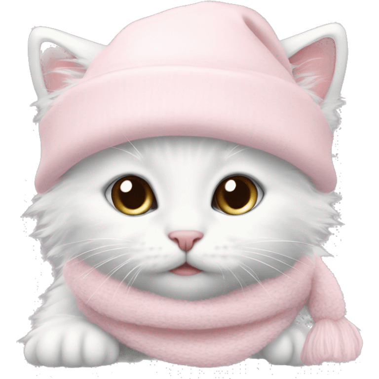 fluffy white winter kitten with pale pink christmas hat and pale pink scarf emoji