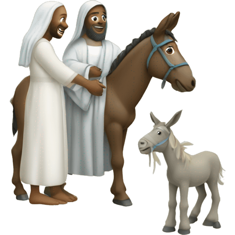 People greeting Jesus on a donkey with palm trees emoji