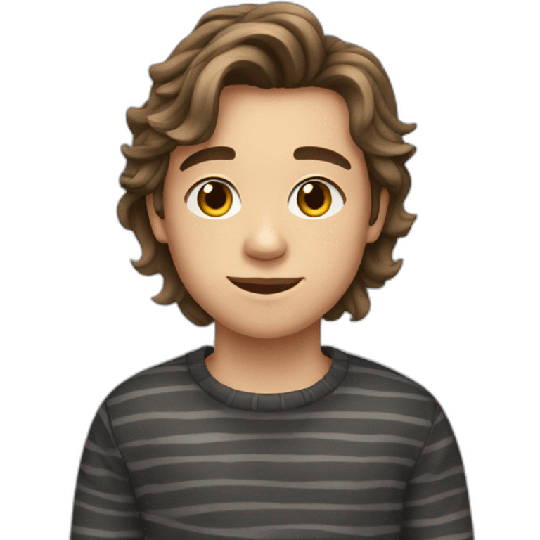 teenager boy brown long wavy hair and dark gray striped sweater emoji