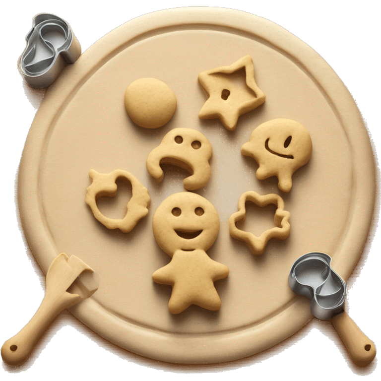 Flat Realistic raw cookie dough on cutting board with cookie cutters sitting in the dough. emoji