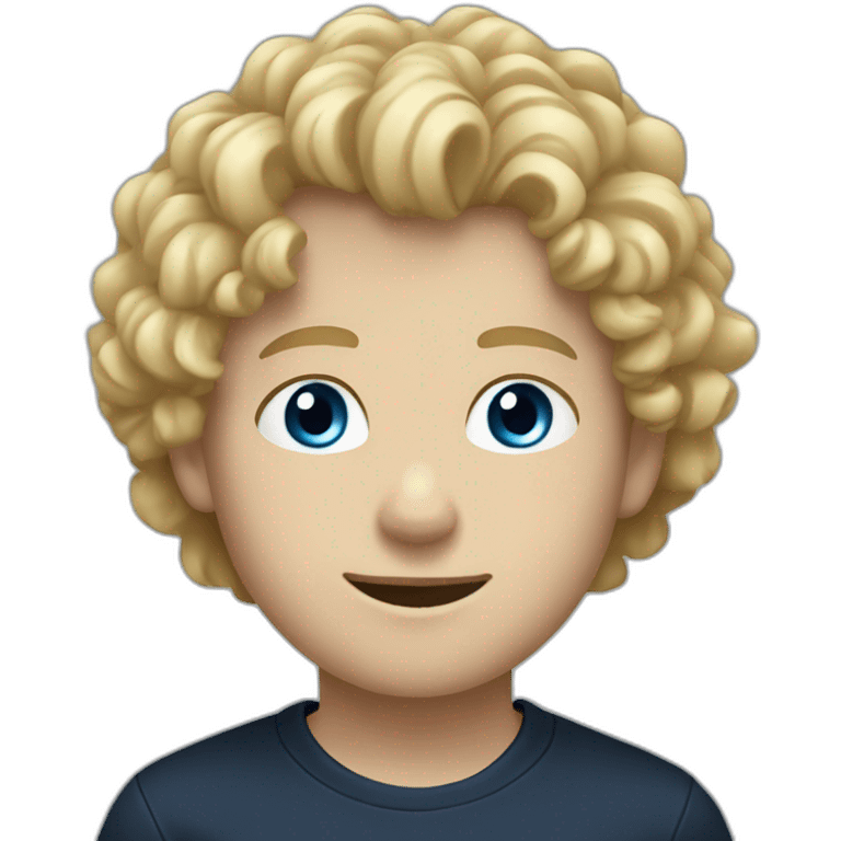 boy with curly hair and blue eyes and blond hair, dark blue shirt, black pants, white shoes emoji