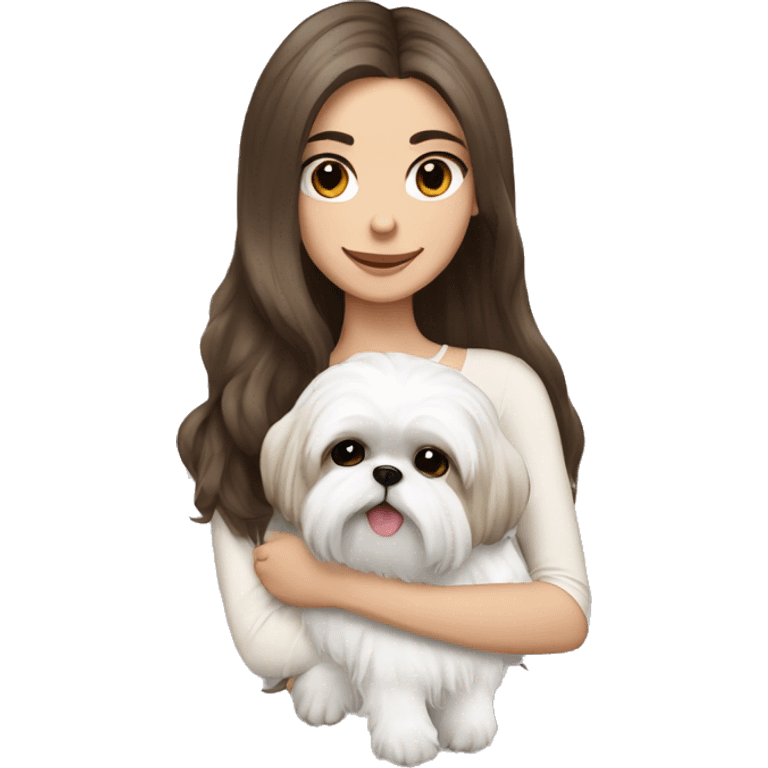 Brunette girl long hair, hugging her white Shih tzu emoji