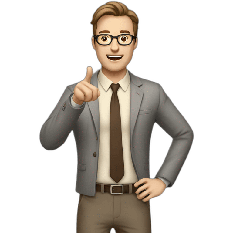 To belt Actively gesturing with hands Pale skinned fit man with dark brown hair in gray jacket, beige office shirt, brown tie, brown pants and vintage glasses. emoji