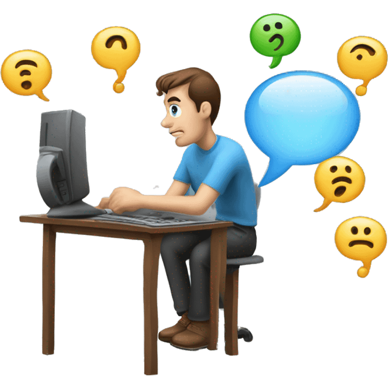 Guy playing computer with question marks in thought bubble emoji