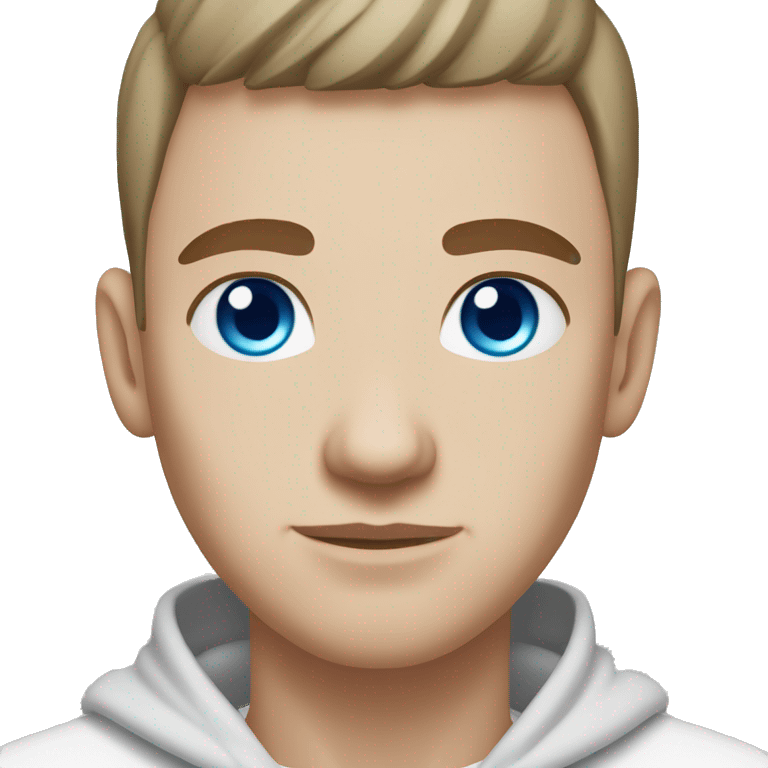 A slavic guy with blue eyes, light skin, shaved dark hair under 0.5, white T-shirt clothes, silver earring piercing with cross on left ear. emoji