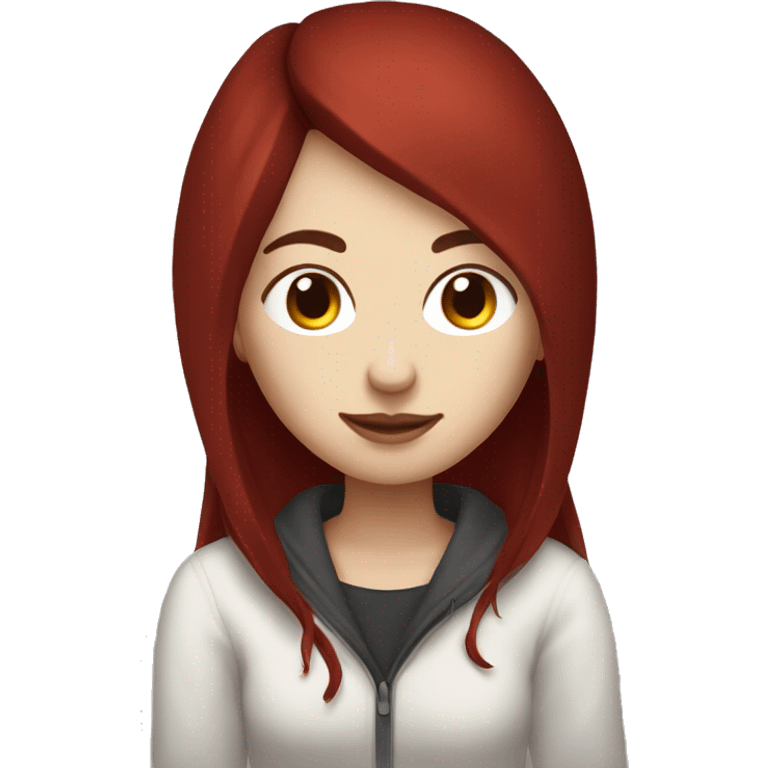 Woman  that has white skin and Long Dark red hair playing on pc setup cozy emoji