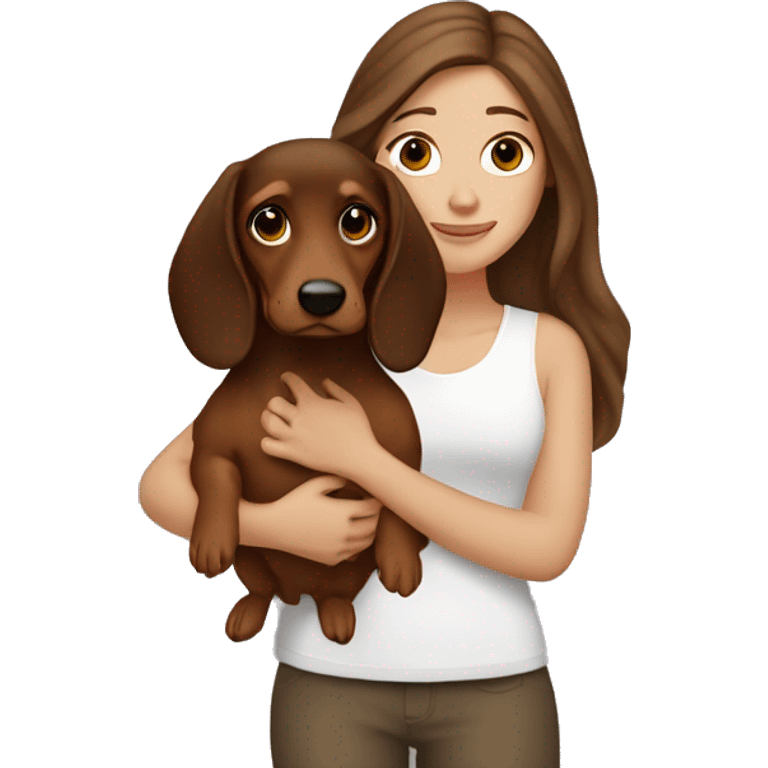 White girl long brown hair and holding a dachshund  in her arms emoji