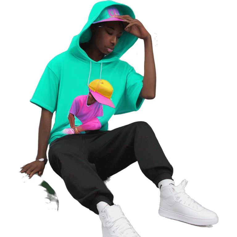 Multicoloured neon person smoking wearing hoodie dancing hip hop bucket hat tropical Skater fashion aesthetic baggy clothes graphic t shirt 420 emoji