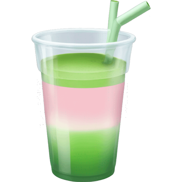 Clear cup. The bottom half of the cup has a light pink liquid, and the top half is matcha green. A transparent straw sticks out.  emoji