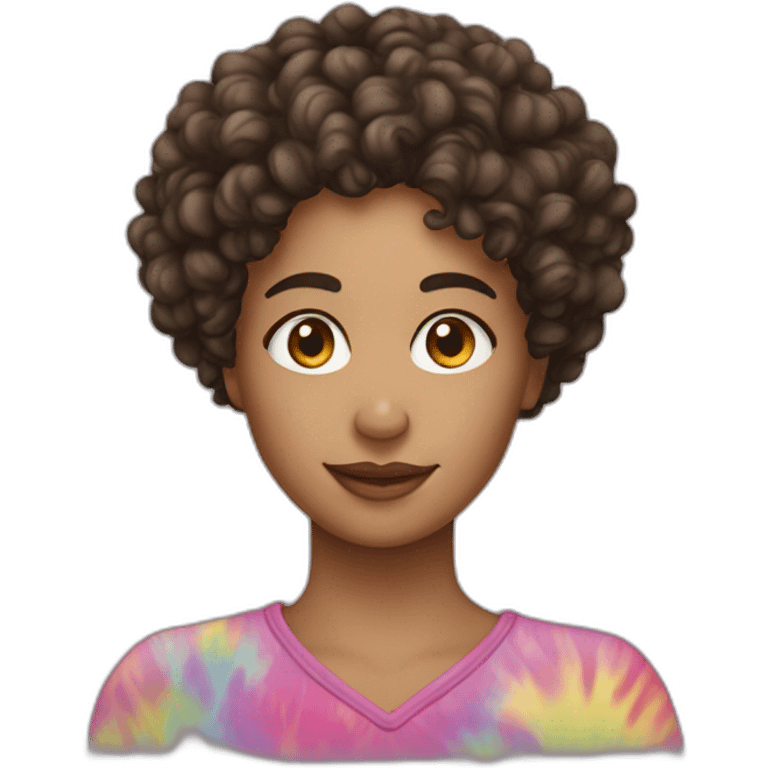 curly hair brunete woman wearing tiedye emoji