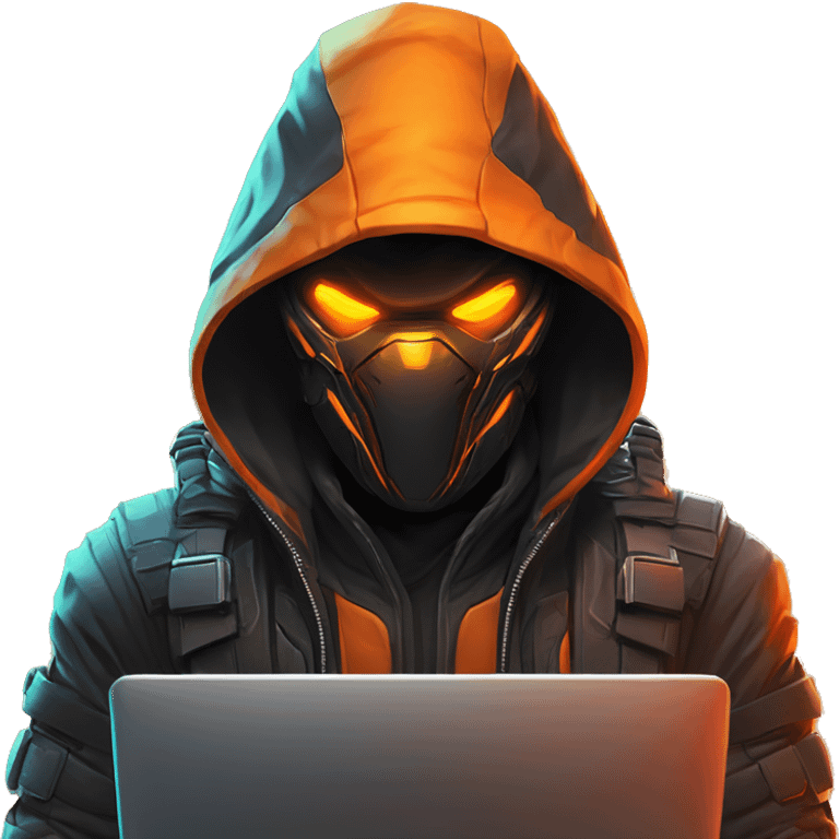  developer behind his laptop with this style : crysis Cyberpunk Valorant orange glowing bright orange character orange black hooded assassin themed character emoji