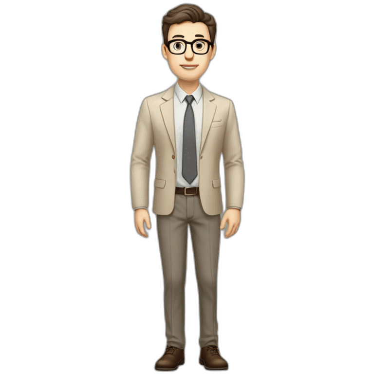 Full height Gesticulating Pale skinned fit man with dark brown hair in gray jacket, beige office shirt, brown tie, brown pants and vintage glasses. emoji