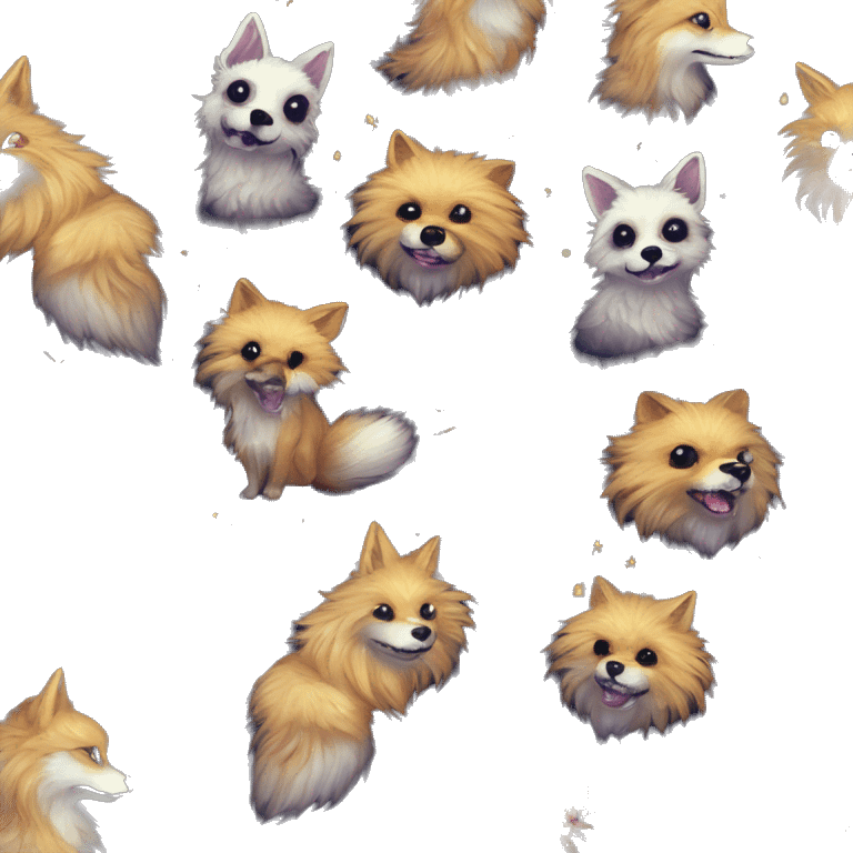 Black iridescent fluffy dog fox head zombie skeleton gold mechanical nebula galaxy stars flowers fairy lights vintage emoji