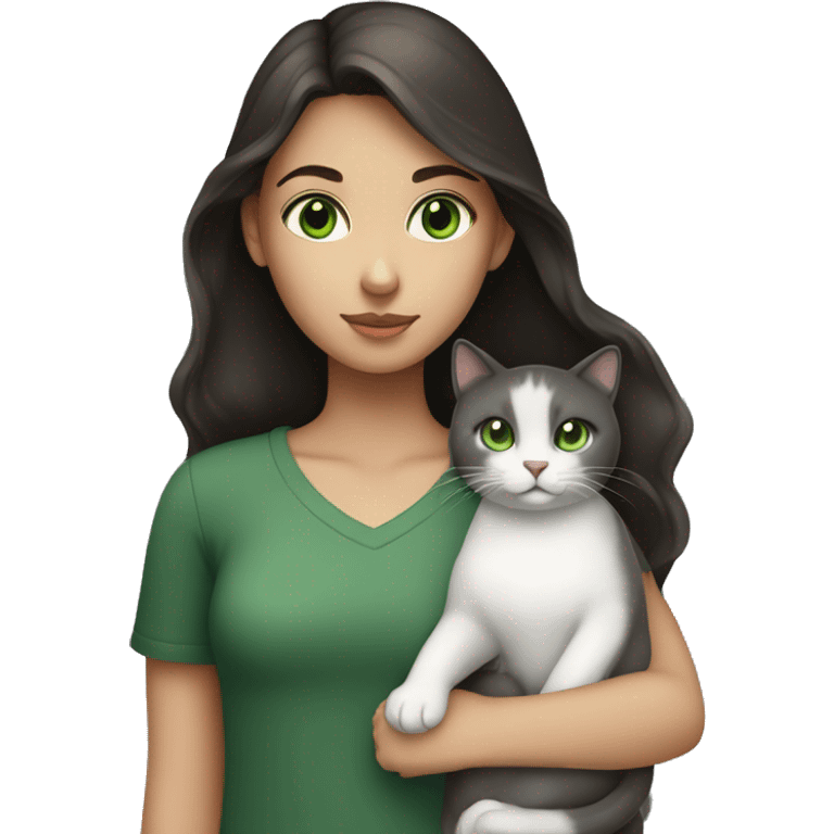 A girl with green eyes and dark brown hair holding a white and dark grey cat  emoji