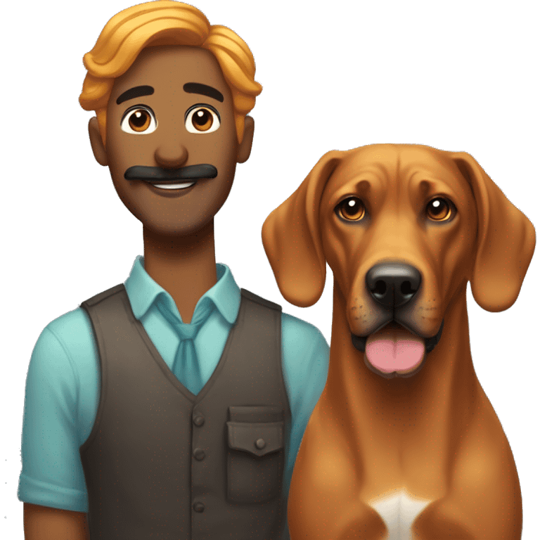 white male with long rainbow colored hair and a curled mustache standing alongside a brown rhodesian ridgeback dog emoji