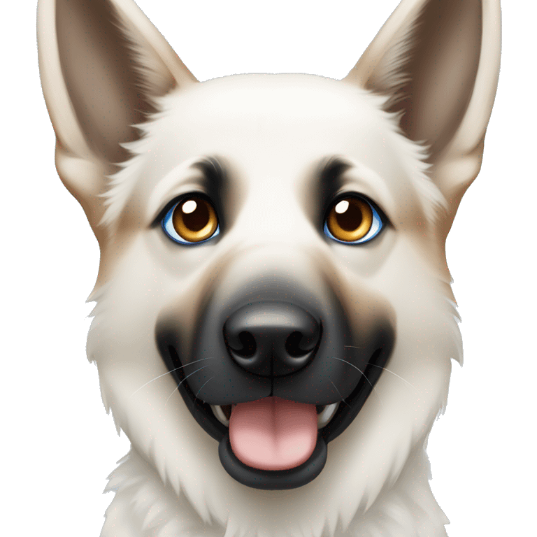 White and black German shepherd with 1 blue eye and 1 brown eye emoji