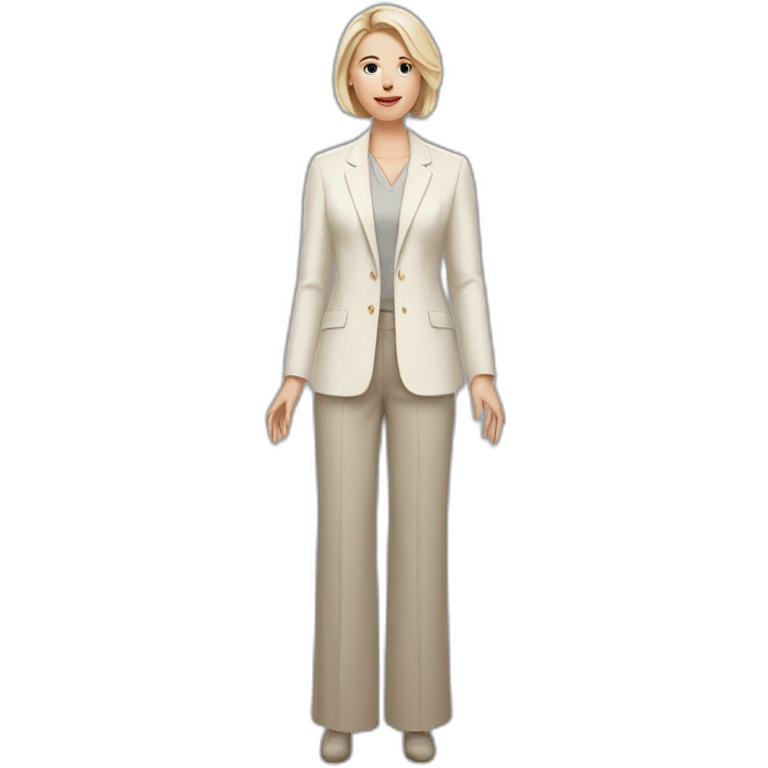 Full height Actively gesturing with hands pale skin woman with ash blonde Straightened bob Hair, White Spacious classical jacket, beige palazzo Arrow pants and gray blouse emoji