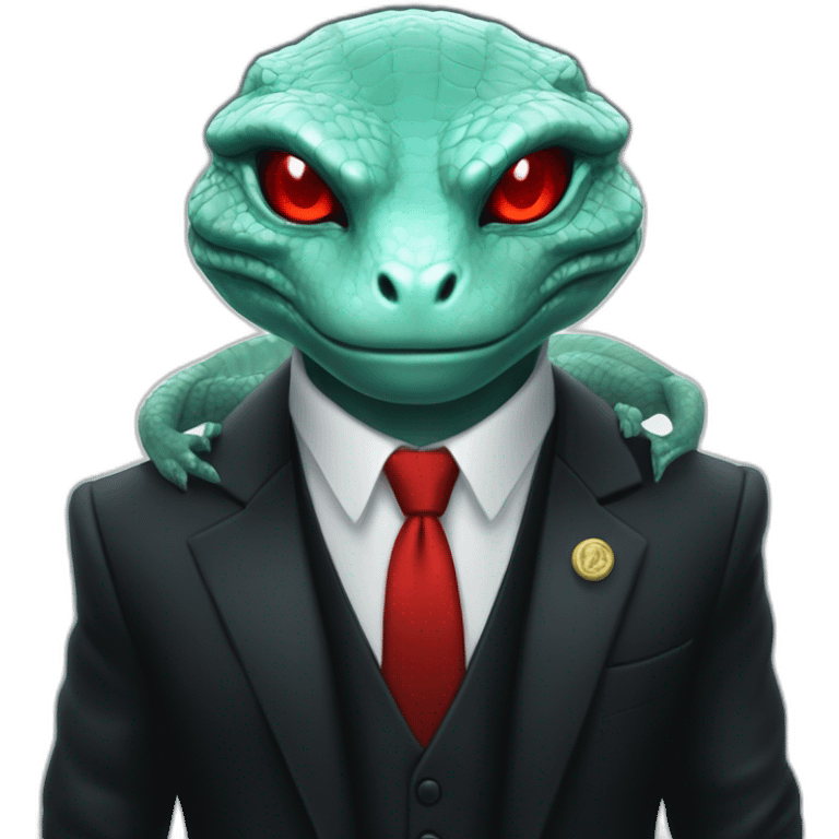 Aquamarine reptilian in classic black suite with red laser eyes on the middle of platinum coin emoji