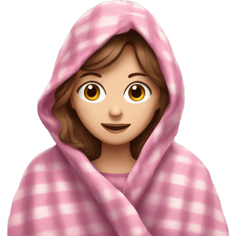 A white girl with brown hair in a pink blanket emoji