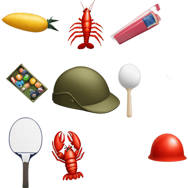 One feather, one chocolate box, ping pong, male runner, army helmet, one lobster emoji