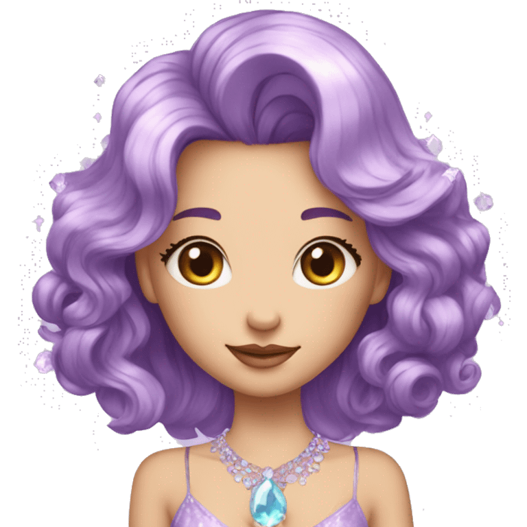 Gorgeous pastel Lady with magical purple-shiny-hair with crystals in hair and with necklace aesthetic emoji