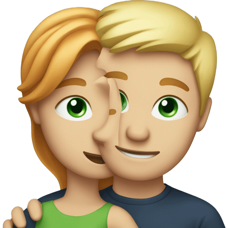 Lady with red and blonde hair with green eyes giving the man with blonde hair and blue eyes a hug emoji