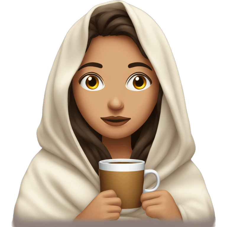 Brunet girl inside a blanket sipping coffee eyes closed emoji