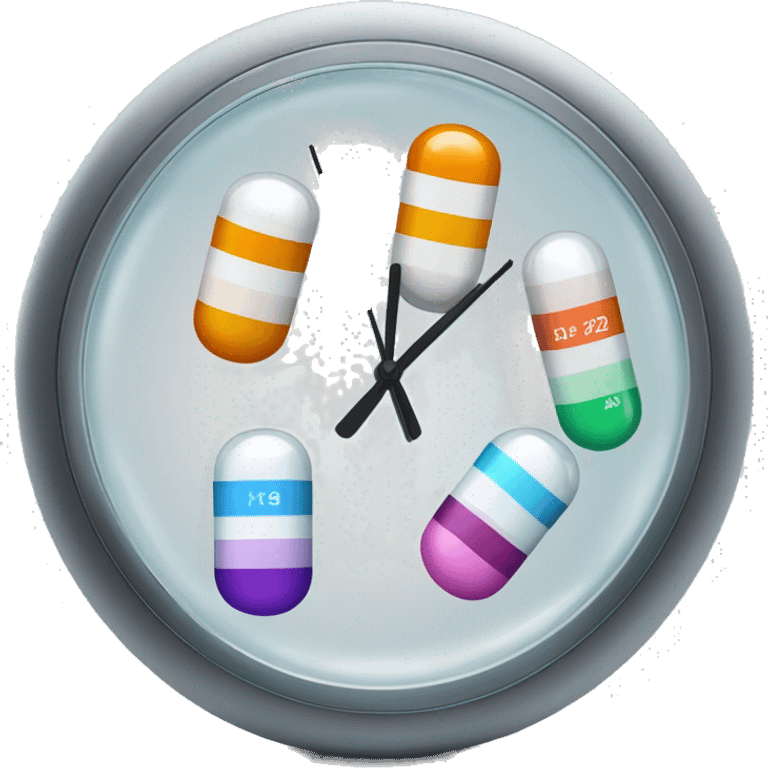 one pill capsule with tiny time telling clocks inside of it  emoji