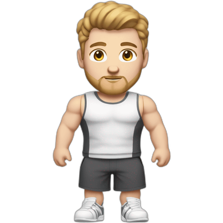 Full height Pale skinned fit man With biceps, Realistic eyes and mouth, light brown hair and stubble In dark gray sleeveless mike, black oversize sports shorts, watch and white sneakers. emoji