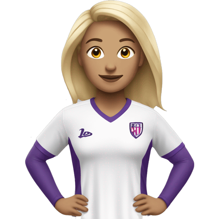 a blonde woman in white soccer jersey with purple pinstripes emoji